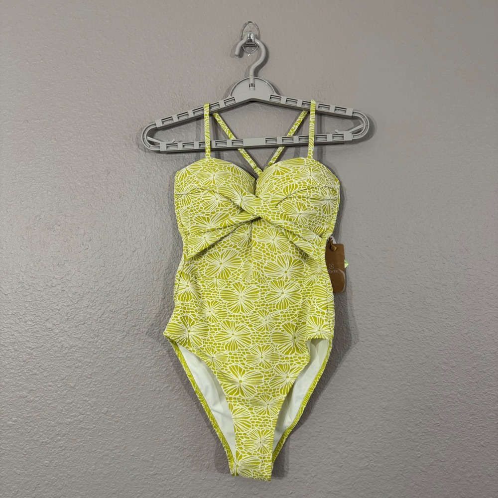 NWT Berlook Women's Size S Lime Green Textured Floral Cutout One Piece Swimsuit